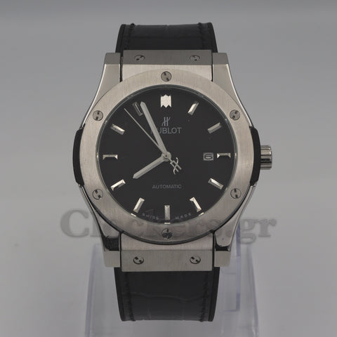 HUBLOT CLASSIC FUSION KING WATCH - 42 MM - BLACK DIAL - SS BLACK RUBBER AND LEATHER STRAP