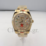 Gold Day Date 40mm Watch Fluted Bezel Diamond Paved Rainbow Sapphire Dial