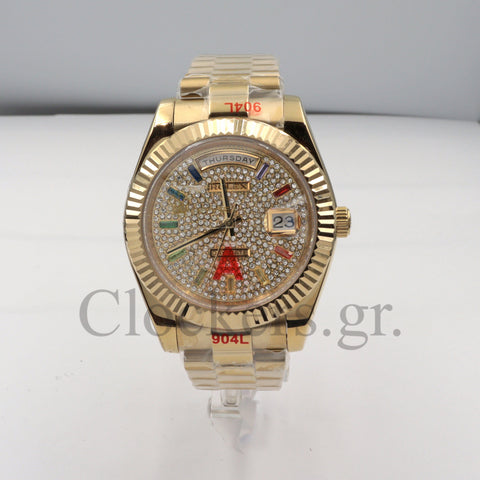 Gold Day Date 40mm Watch Fluted Bezel Diamond Paved Rainbow Sapphire Dial