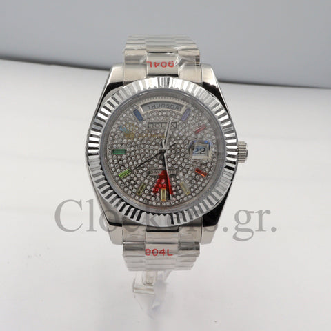 Day Date 40MM Watch Fluted Bezel Diamond Paved Rainbow Sapphire Dial