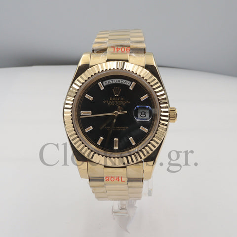 DAY-DATE BLACK DIAL DIAMOND MARKERS FLUTED BEZEL GOLD