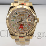 Gold Day Date 40mm Watch Fluted Bezel Diamond Paved Rainbow Sapphire Dial