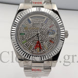 Day Date 40MM Watch Fluted Bezel Diamond Paved Rainbow Sapphire Dial