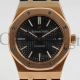 AUDEMARS PIGUET ROYAL OAK ROSE GOLD BLACK LEATHER WATCH - 41MM