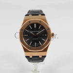 AUDEMARS PIGUET ROYAL OAK ROSE GOLD BLACK LEATHER WATCH - 41MM