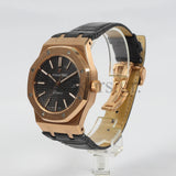 AUDEMARS PIGUET ROYAL OAK ROSE GOLD BLACK LEATHER WATCH - 41MM